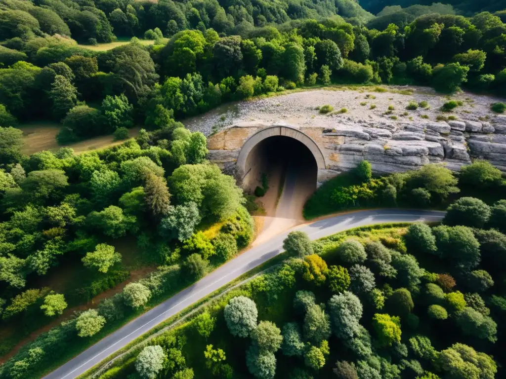 Dron captura la entrada misteriosa de un túnel entre sombras y luz, evocando exploración de túneles con cámara térmica