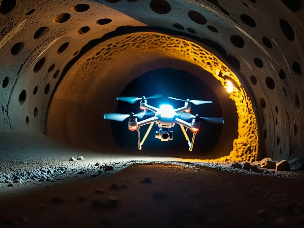 Dron de exploración con tecnología avanzada en un antiguo túnel subterráneo