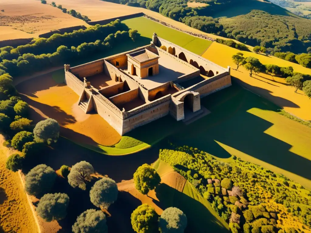 Dron capta imagen aérea detallada de sitio arqueológico con ruinas y artefactos, destacando historia y complejidad del lugar