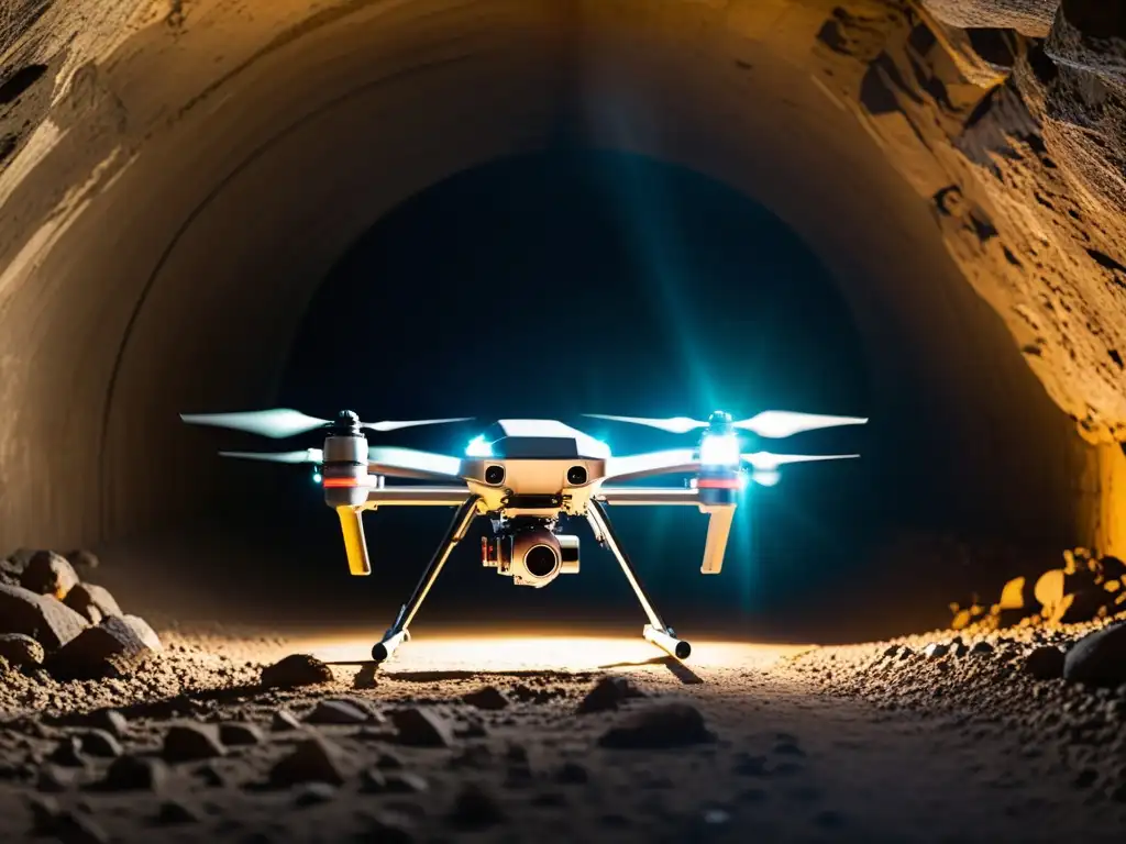 Un drone de exploración avanzado con sensores y cámaras, iluminando un túnel subterráneo