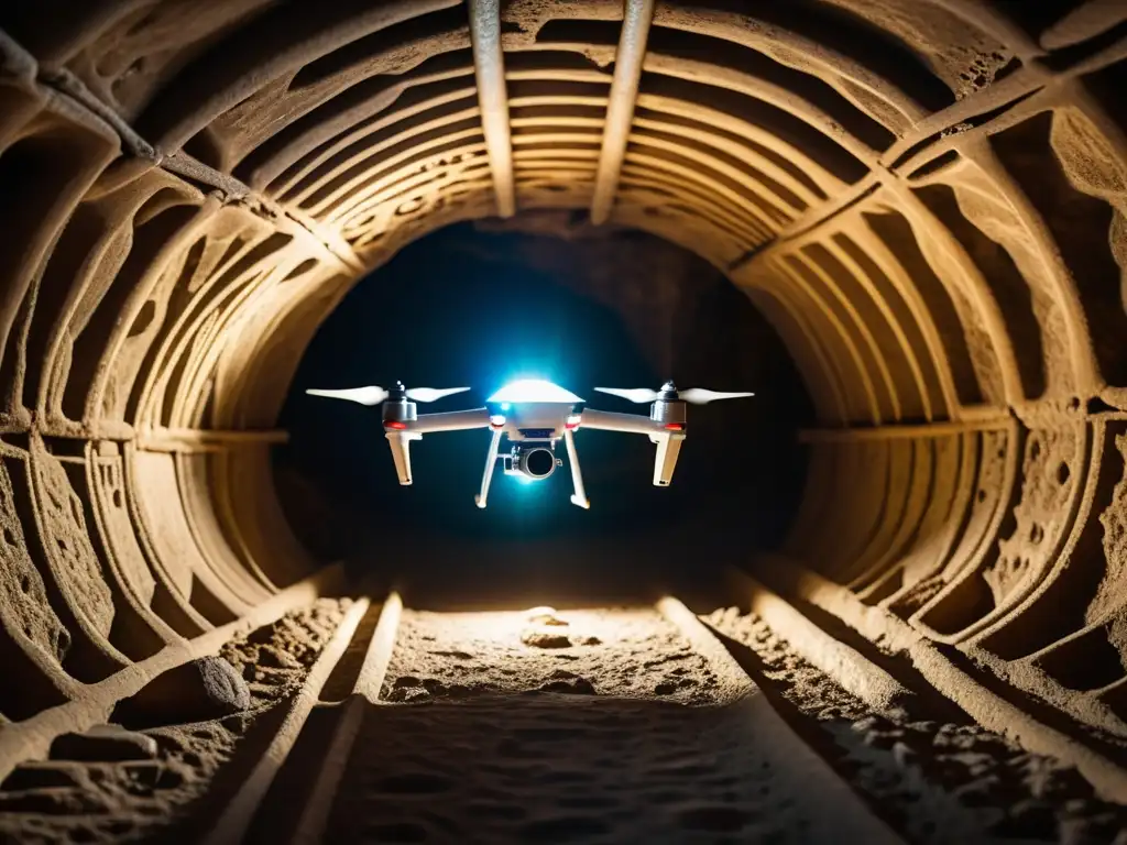 Un drone con avanzados sensores y cámaras explora un túnel antiguo, revelando detalles ocultos