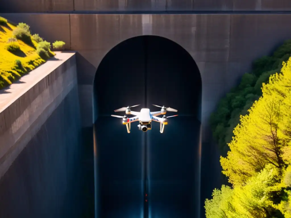 Un drone con cámara térmica explora la entrada misteriosa de un túnel