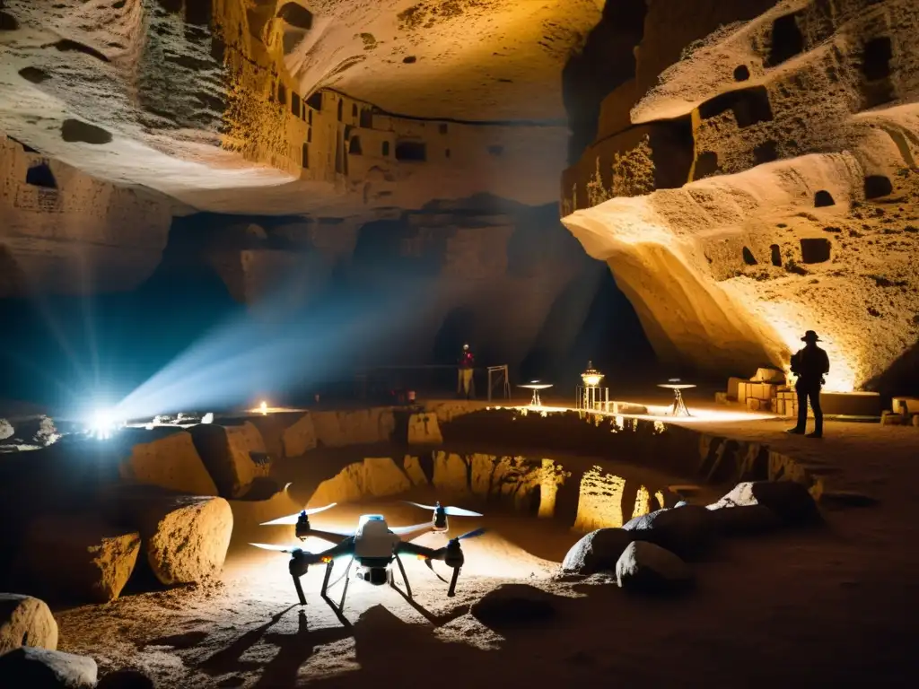 Un drone explora una caverna subterránea iluminada débilmente, revelando artefactos históricos