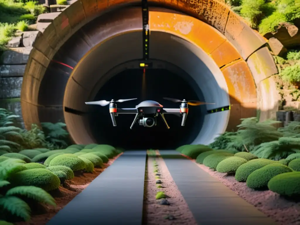 Drone negro con tecnología infrarroja para exploración subterránea, iluminando antiguo túnel