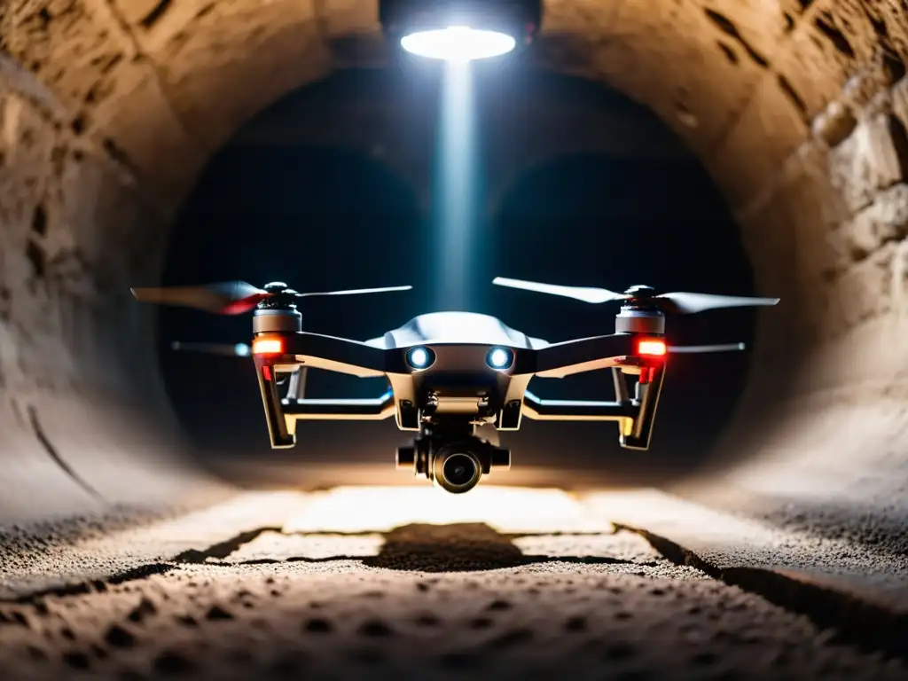 Un drone negro vanguardista con luces LED y sensores avanzados flota en un túnel subterráneo, iluminando formaciones rocosas