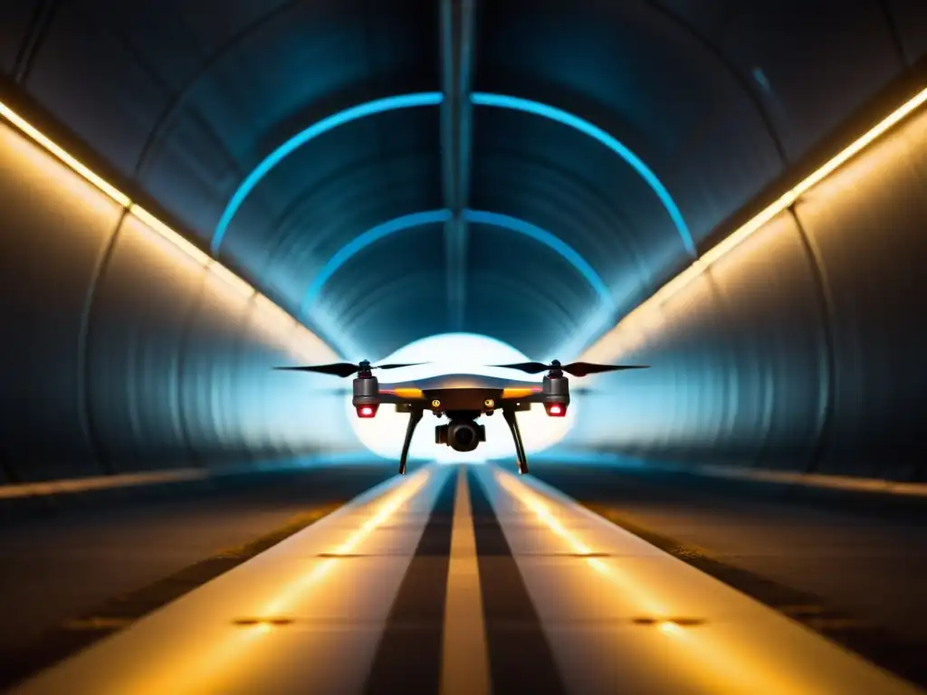 Un drone de última generación inspecciona con precisión un túnel, emitiendo un suave resplandor