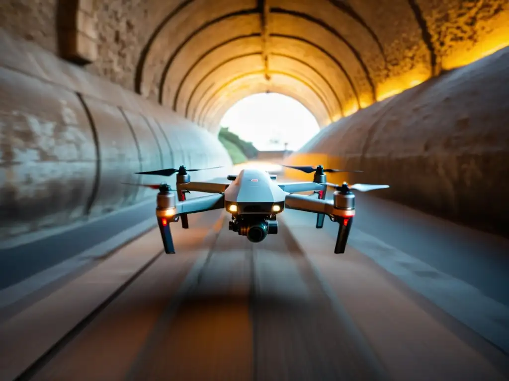 Un drone vuela en un túnel histórico, capturando detalles con su cámara