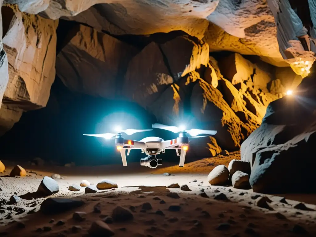 Drones para exploración subterránea: Un drone de vanguardia iluminando una cueva oscura con sus luces, revelando la belleza de lo profundo