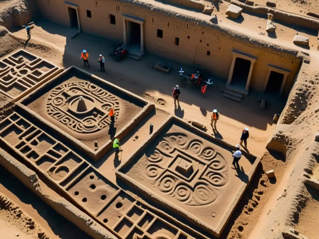 Drones documentando hallazgos históricos subterráneos con arqueólogos estudiando y capturando detalles, contrastando con la naturaleza exuberante