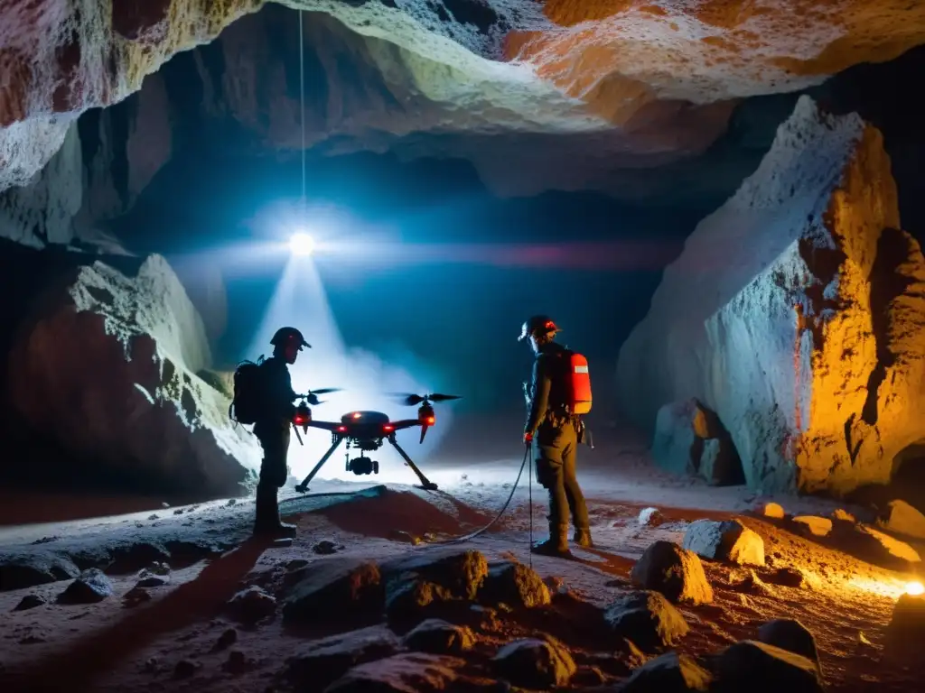 Rescate subterráneo: Drones de búsqueda y rescate en acción Drones en misión de rescate subterráneo, emitiendo luz en cueva oscura, buscando sobrevivientes con cámaras térmicas
