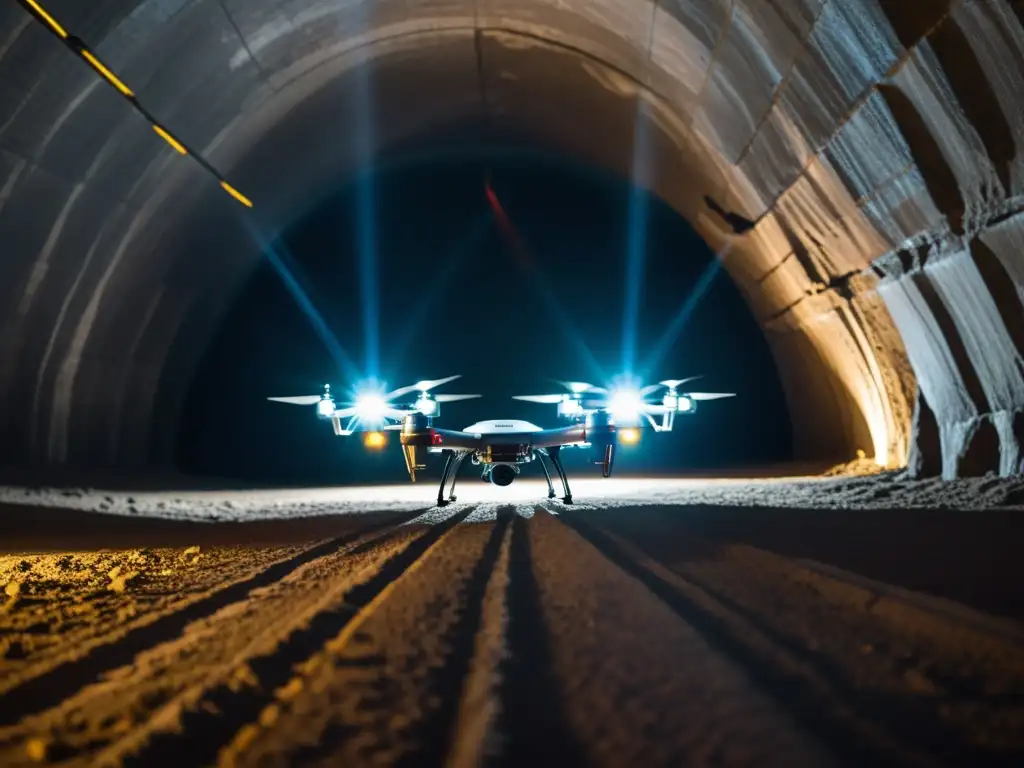 Drones exploración túneles subterráneos 2023: Grupo de drones con luces LED y cámaras potentes iluminan túnel subterráneo, revelando paisaje impactante