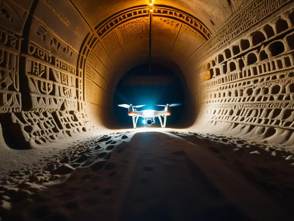 Exploración tecnológica en túnel antiguo: drone ilumina misterios Exploración con drones iluminando túneles históricos, revelando misteriosas inscripciones y pasadizos olvidados