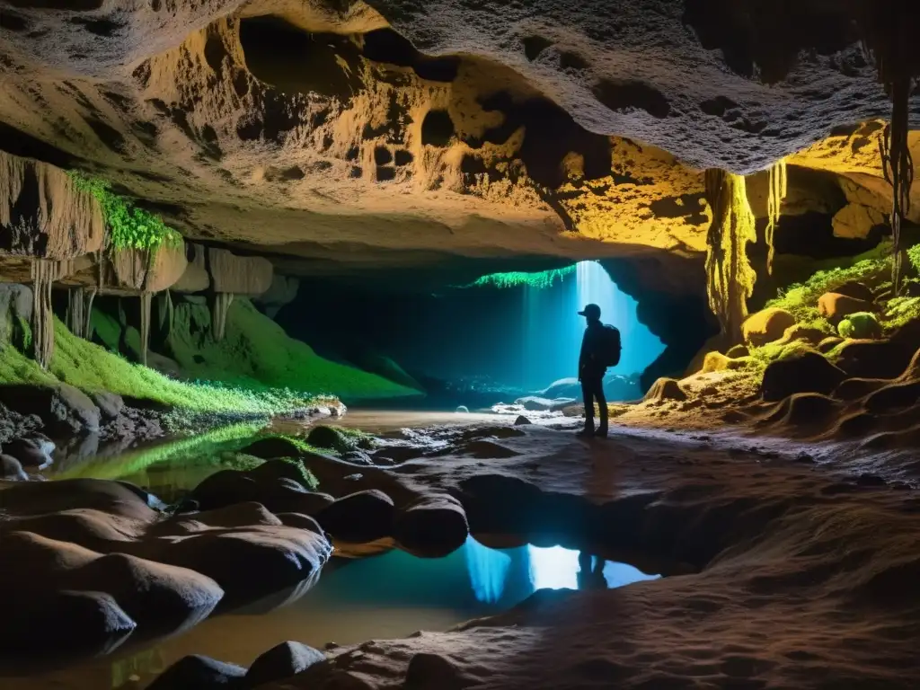 Explorando un ecosistema subterráneo impactante, con raíces intrincadas y hongos bioluminiscentes