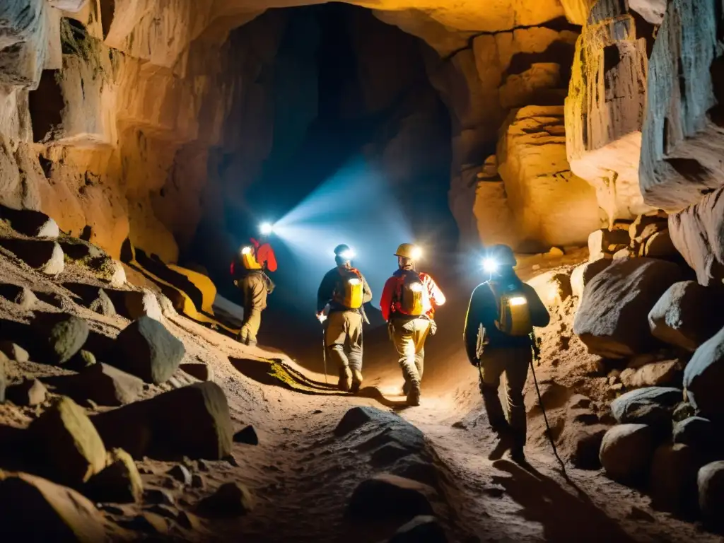 Un emocionante recorrido subterráneo muestra a espeleólogos explorando un túnel con linternas, descubriendo la belleza cruda de la tierra