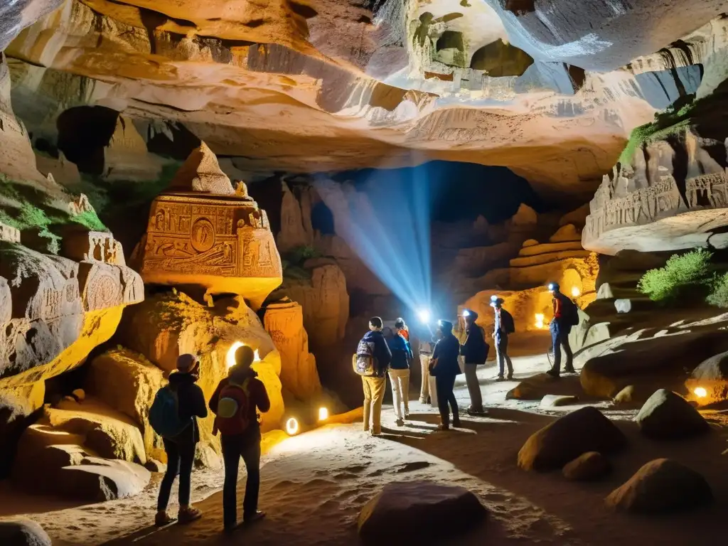 Un emocionante recorrido subterráneo con turistas explorando cuevas iluminadas, añadiendo magia a la aventura