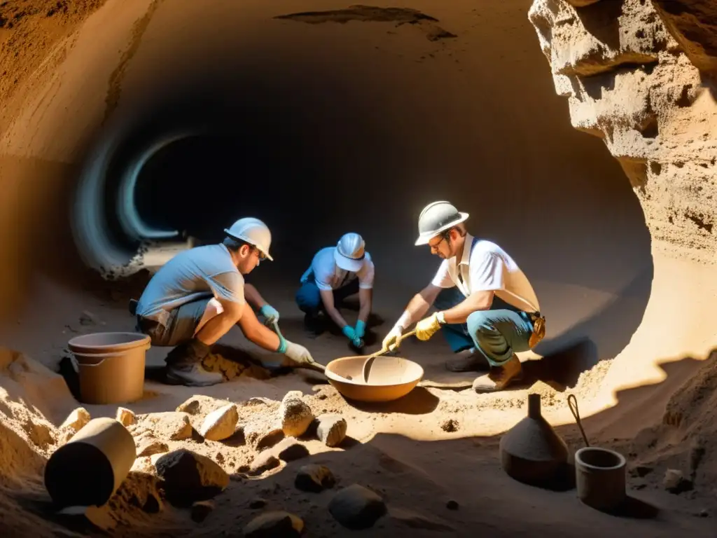 Emocionante recuperación de artefactos en túneles colapsados, revelando detalles antiguos con delicadeza bajo la luz natural