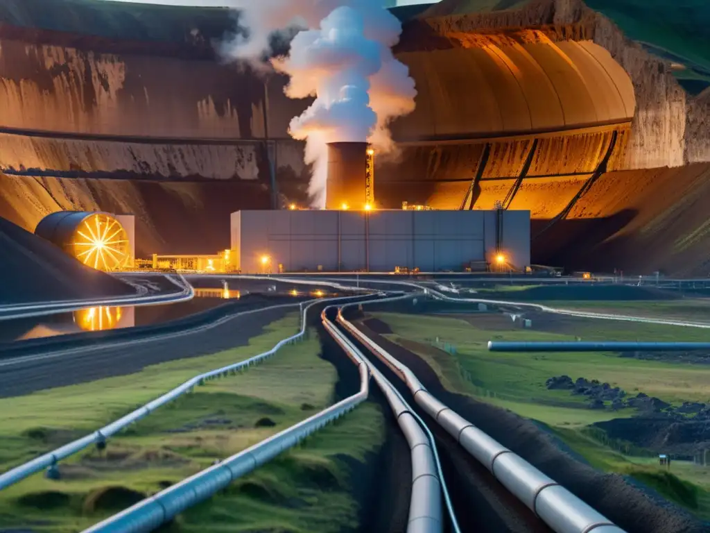 Aprovechando energía geotérmica en túneles: una planta de energía geotérmica se funde con la tierra, iluminada por un resplandor natural