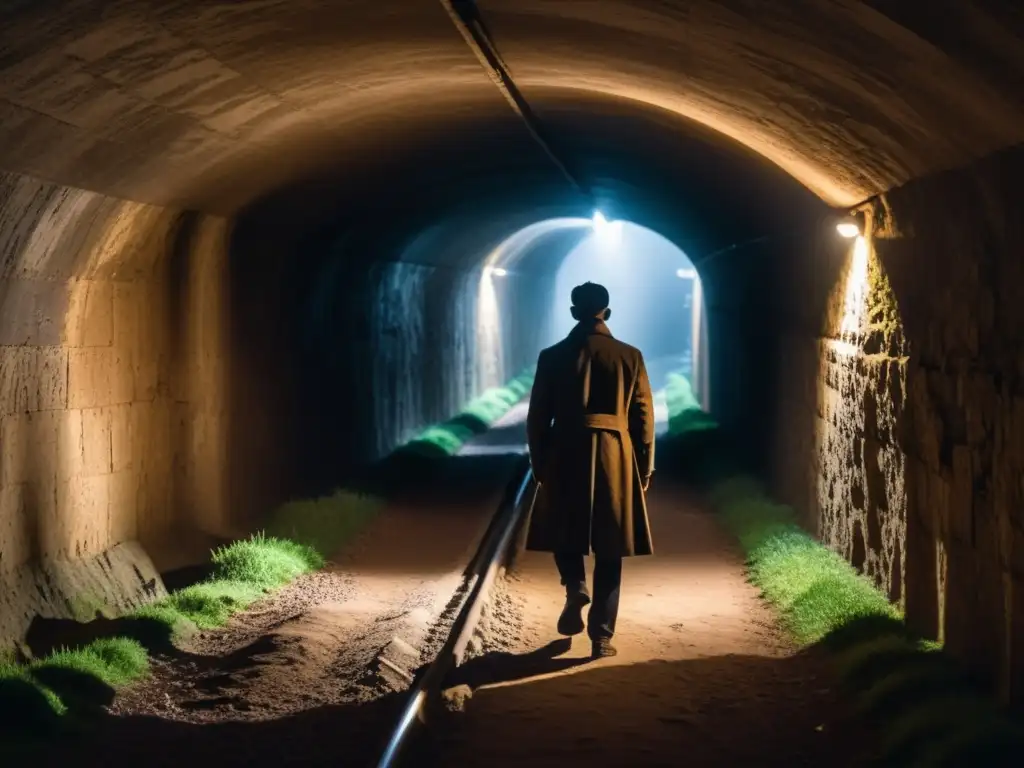 Enigmático túnel subterráneo con figuras misteriosas en la penumbra