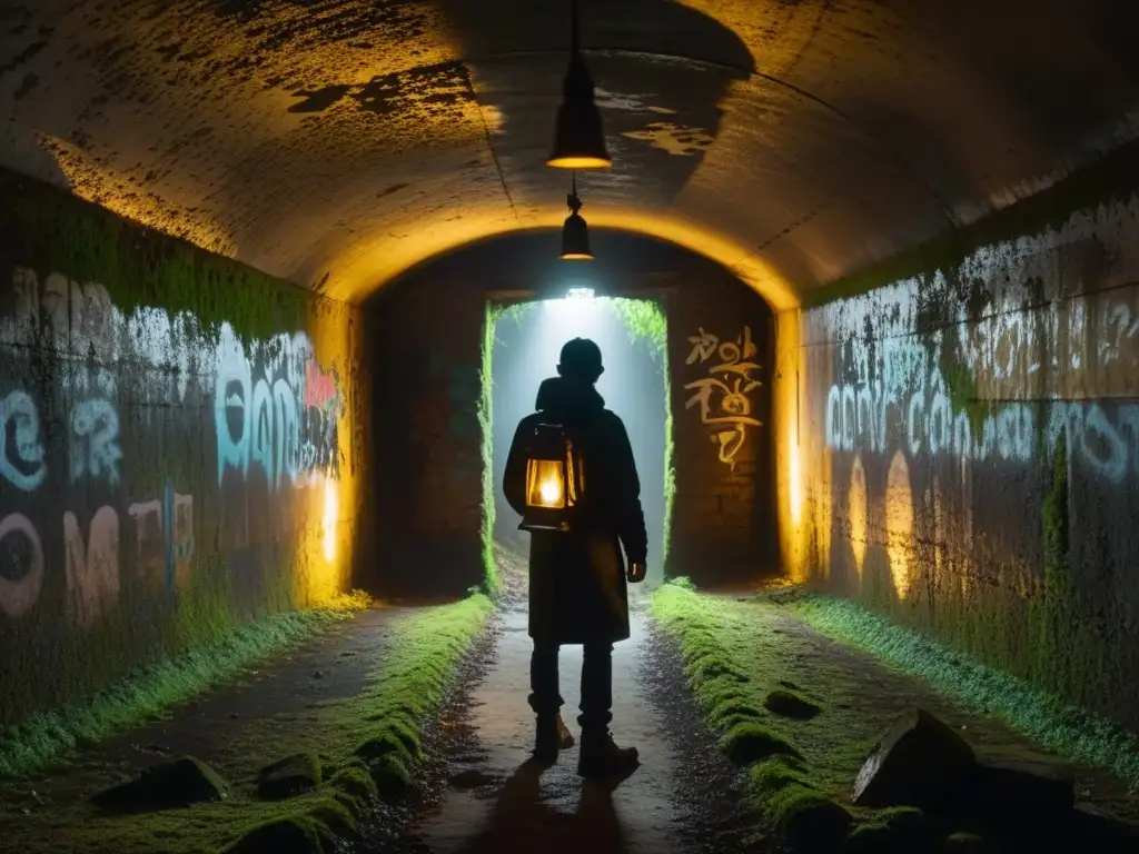 Enigmático túnel de graffiti iluminado por una lámpara solitaria, evocando simbolismo en la literatura y el arte