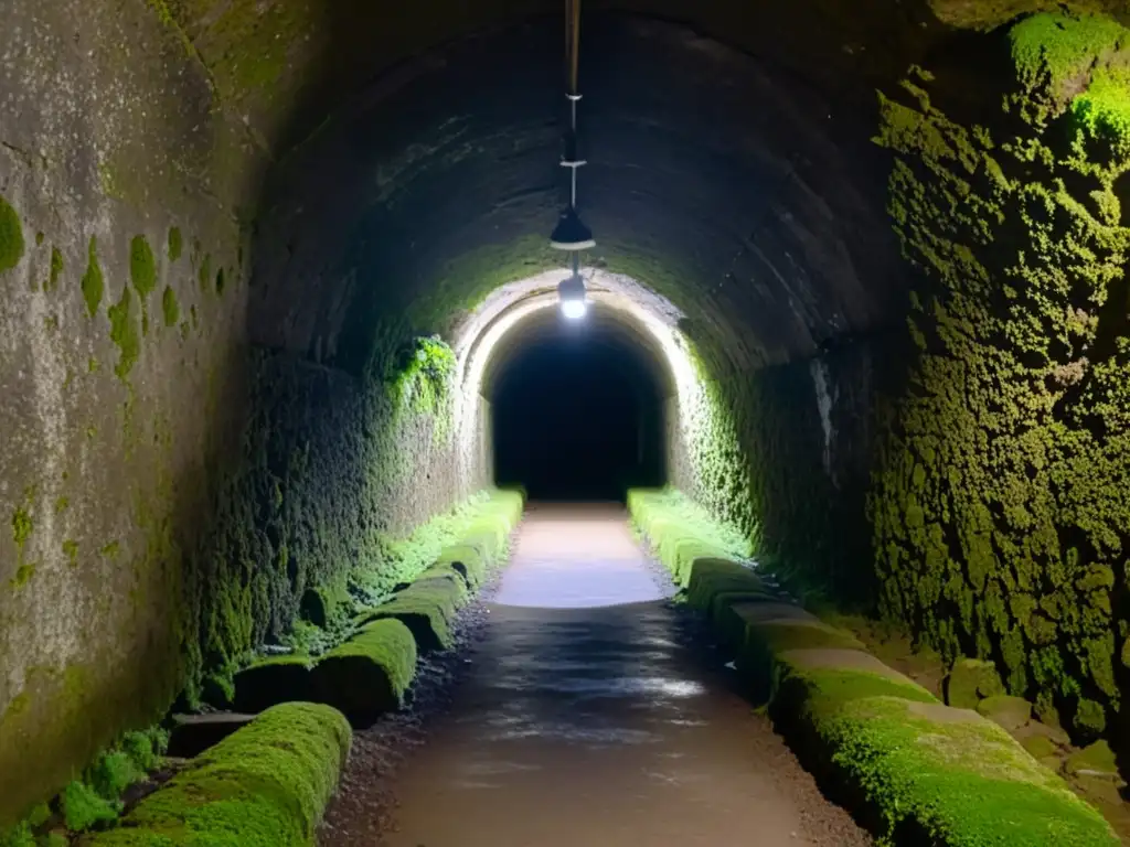 Enigmáticos túneles de la Resistencia Francesa, con muros de piedra cubiertos de musgo y líquenes, iluminados por tenues haces de luz