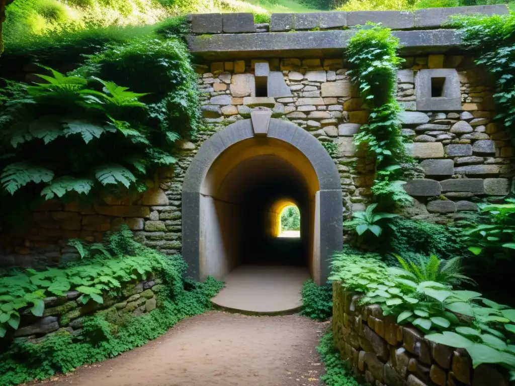 La entrada de un antiguo túnel histórico, integrado con la naturaleza, evocando misterio y significado histórico