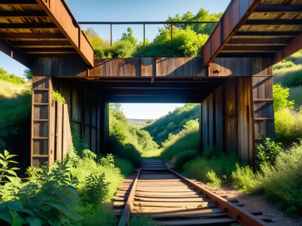 Entrada de mina abandonada con vigas de madera y restos de metal oxidado, cubierta por vegetación