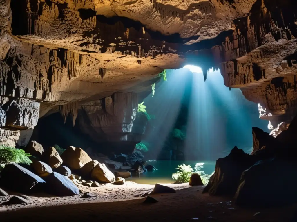 Entrada misteriosa a una cueva con criaturas legendarias en cuevas, iluminada por un haz de luz tenue