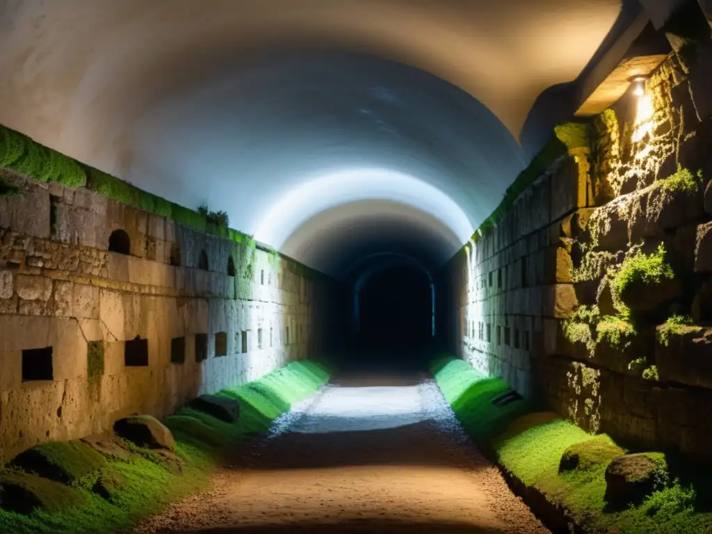 Entrada misteriosa a las galerías subterráneas de la fortaleza Ehrenbreitstein, con muros de piedra cubiertos de musgo y una atmósfera enigmática