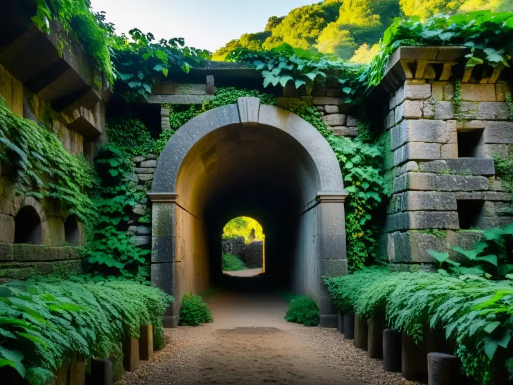 Entrada misteriosa de túnel histórico rodeada de ruinas antiguas y enredaderas, evocando tesoros enterrados y aventura