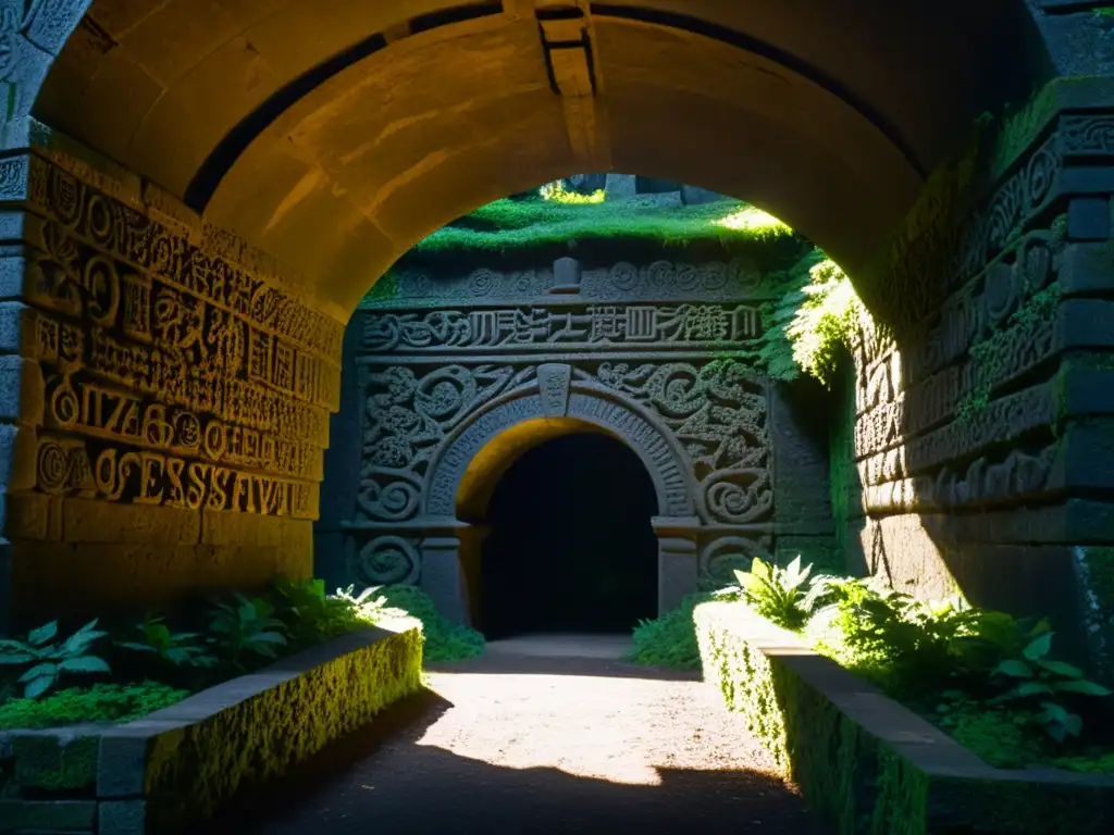 Entrada misteriosa de túnel histórico con símbolos antiguos y musgo, evocando secretos y misterios del mundo subterráneo