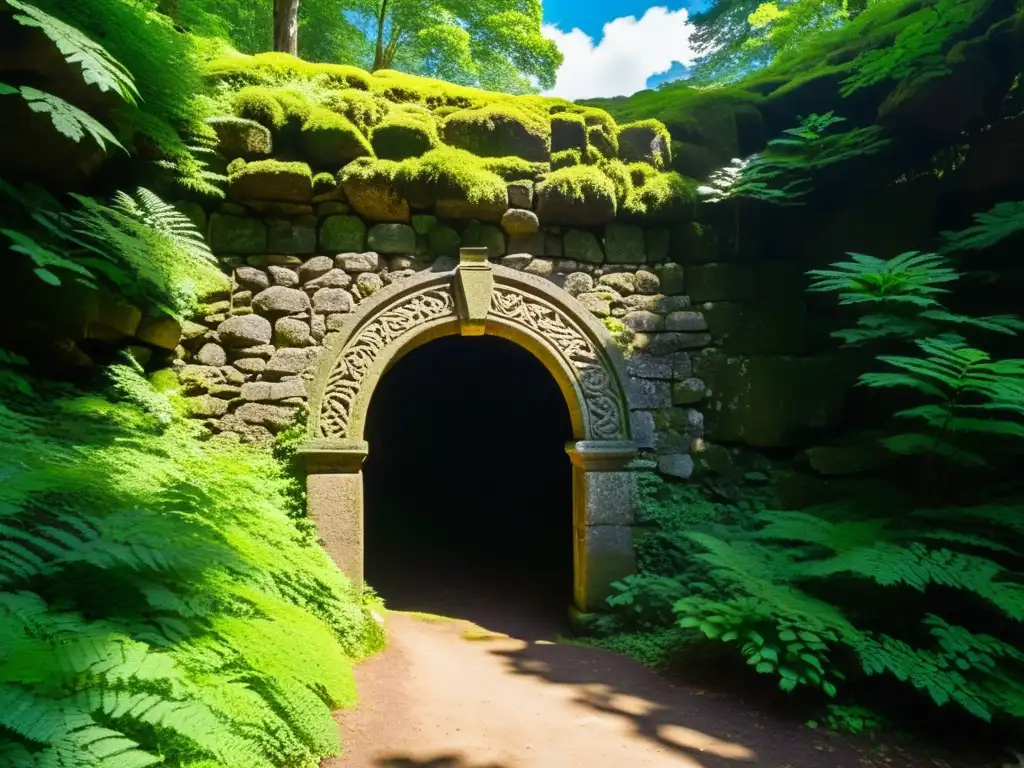 Entrada misteriosa a un túnel antiguo cubierto de musgo en el bosque