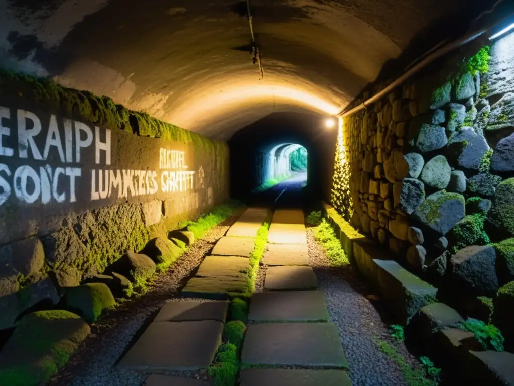 Entrada misteriosa a un túnel histórico, con sombras y musgo