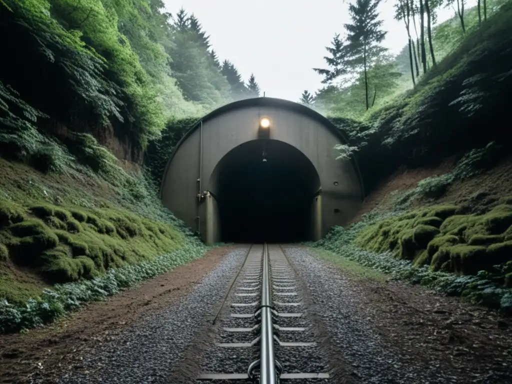 Entrada secreta de túnel histórico de la Guerra Fría en el bosque, cables y equipo de comunicación