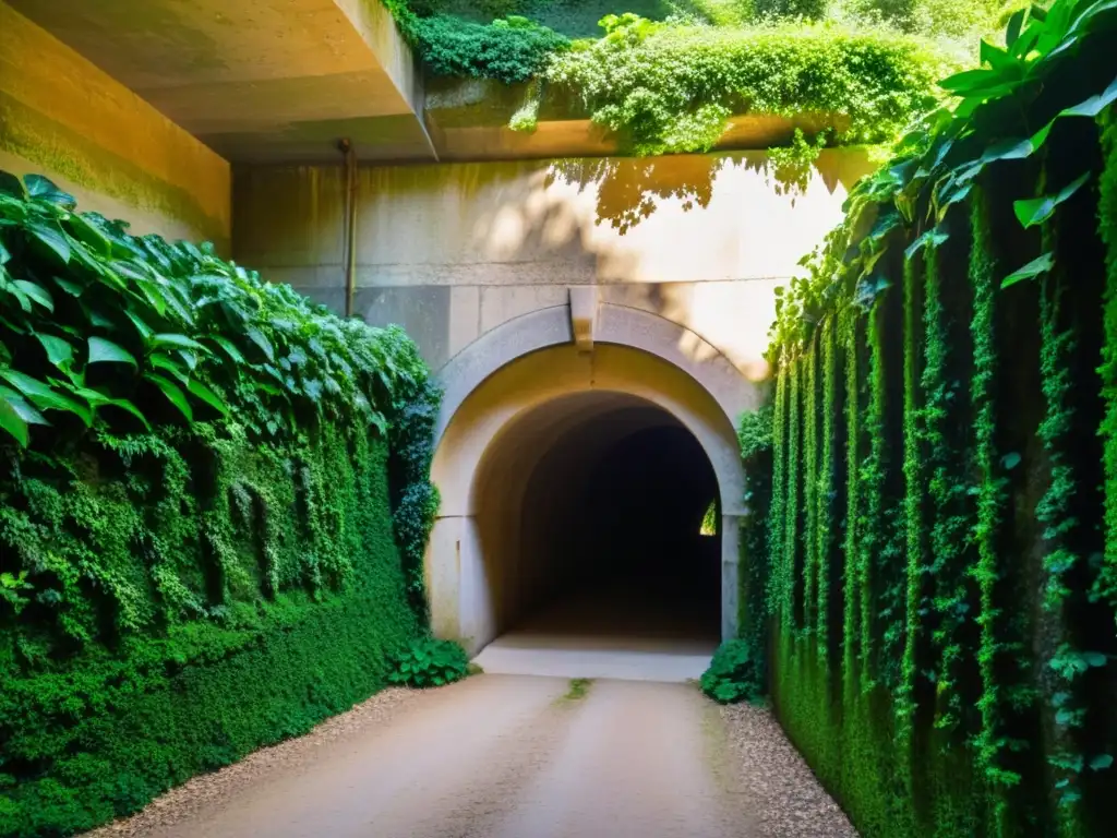 Entrada de túnel en montaña exuberante, remodelando paisaje ecológico túneles con armonía natural y luz filtrada