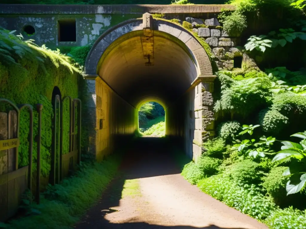 Entrada de túnel ferroviario histórico cubierto de musgo, rodeado de vegetación exuberante