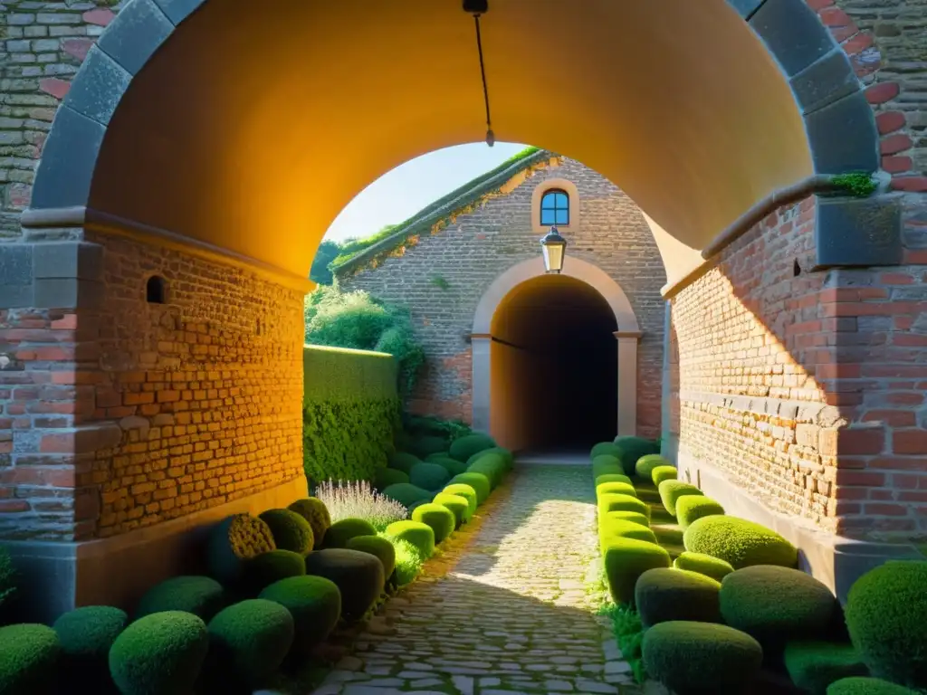 Entrada de túnel histórico con arcos de piedra y ladrillos, bañada en cálida luz dorada