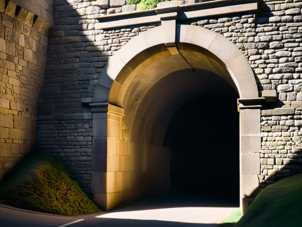 Entrada de túnel histórico en blanco y negro, con paredes de piedra desgastadas y un arco dramático, iluminado por una luz etérea