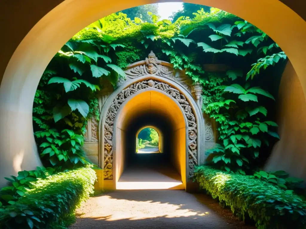 Entrada de túnel histórico decorada con detalles ornamentales y rodeada de exuberante vegetación, evocando misterio y maravilla