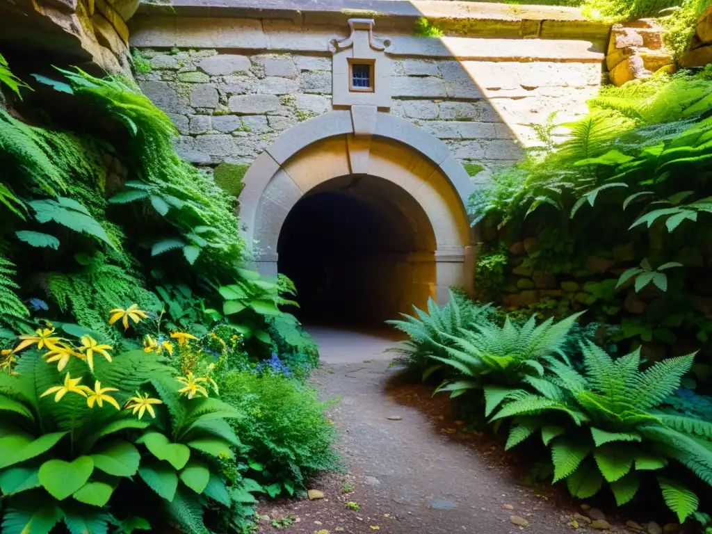 Entrada de túnel histórico con exuberante vegetación: plantas, flores y helechos crean un paisaje natural vibrante