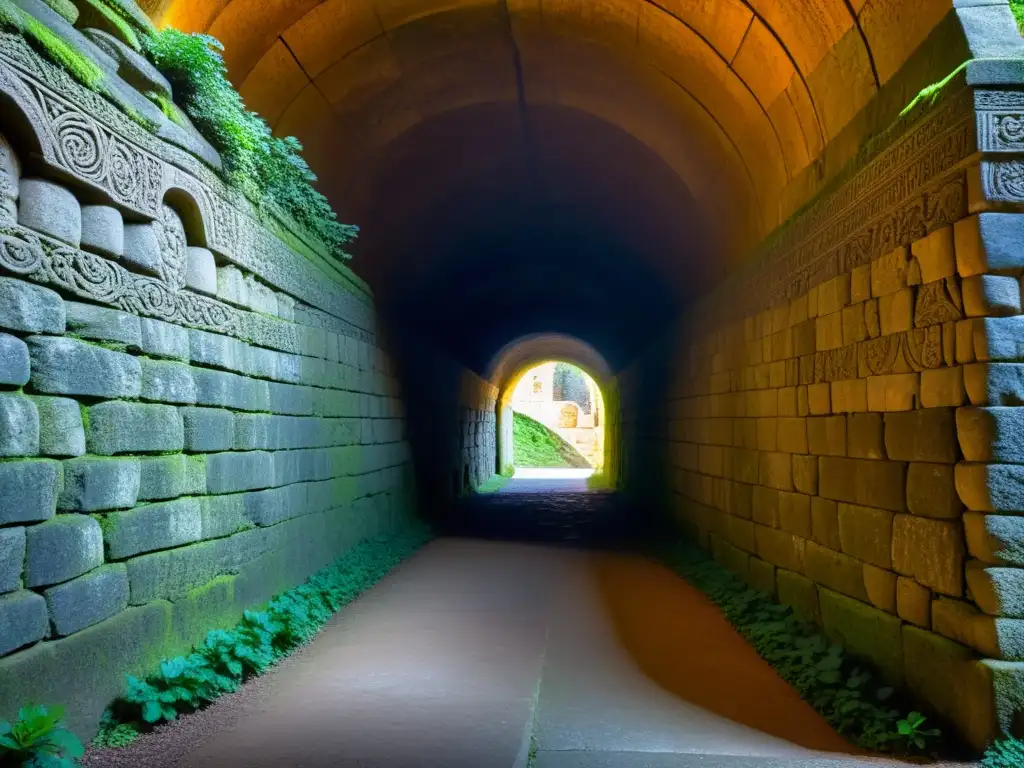 Entrada de túnel histórico, con intrincadas tallas de piedra cubiertas de musgo y luz filtrándose