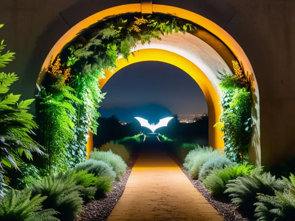 Entrada de túnel iluminada artificialmente en la noche, destacando el impacto en la fauna nocturna