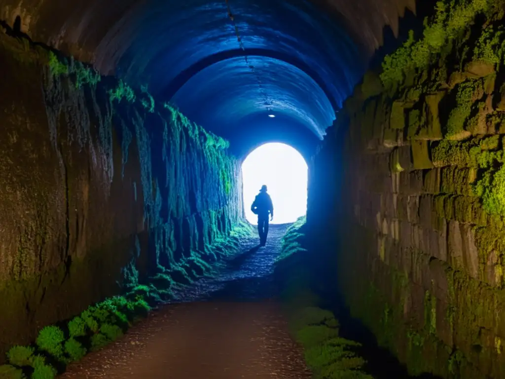 Entrada a un túnel subterráneo, iluminado por una tenue luz y envuelto en misterio