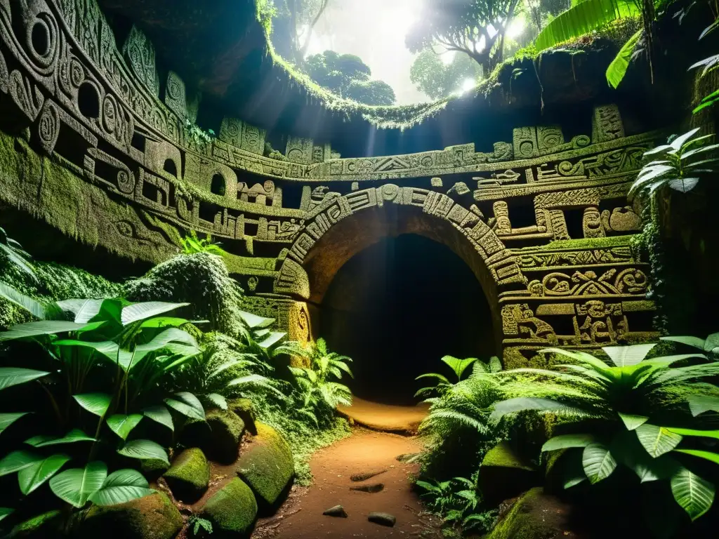 Entrada de túneles prehispánicos América Latina en la selva amazónica, iluminada por la luz del sol entre la exuberante vegetación