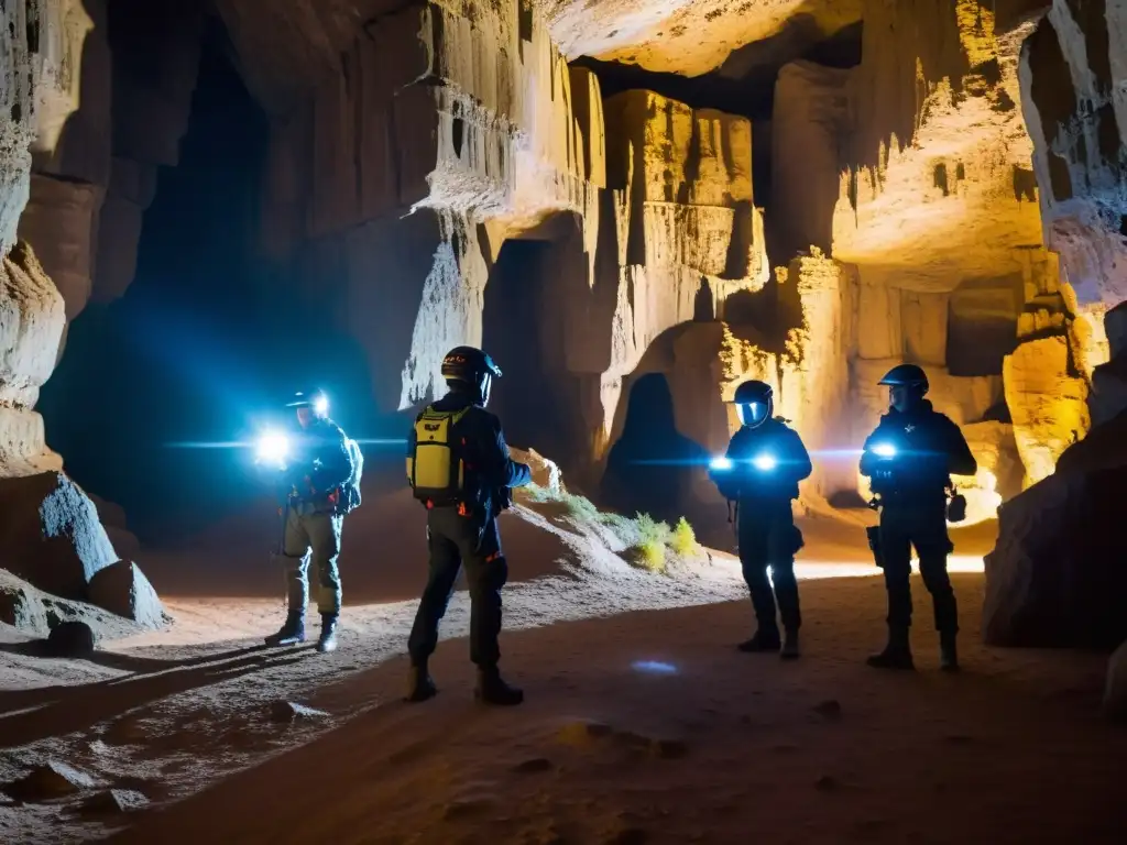 Entrenamiento en manejo de drones exploraciones subterráneas: pilotos navegando con destreza en caverna oscura con sus drones iluminando las paredes