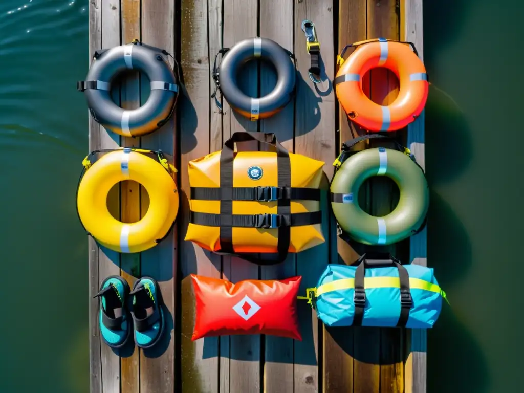 Equipamiento de flotación para túneles en muelle de madera, con luz solar resaltando detalles y transmitiendo seguridad en ambientes húmedos