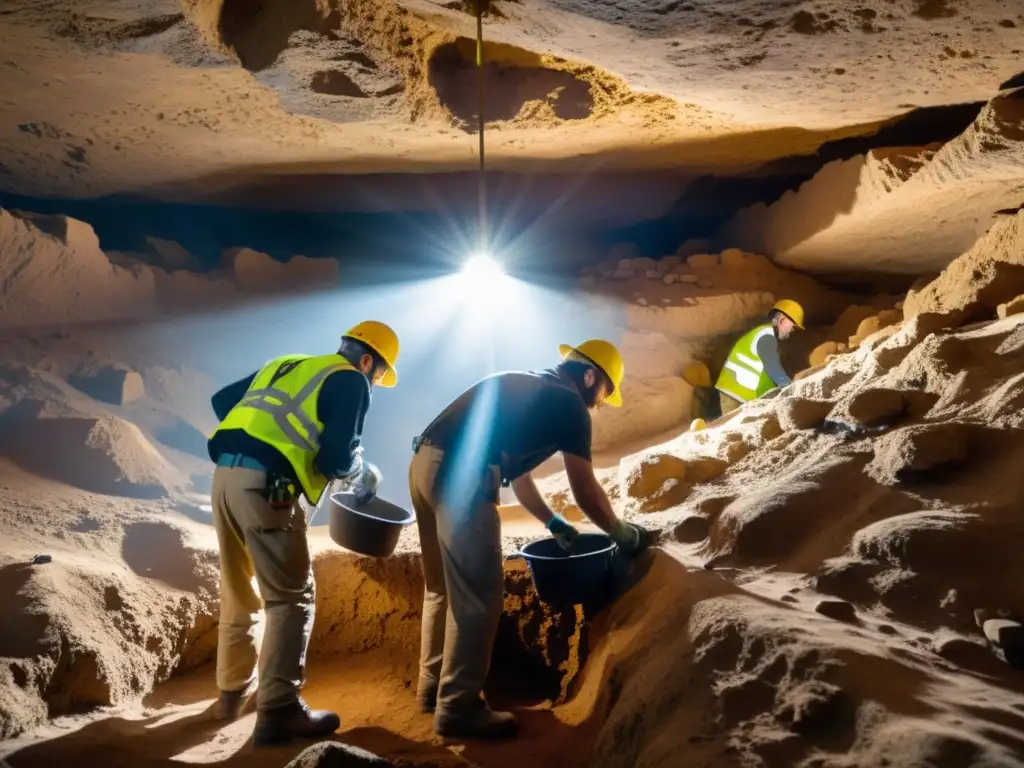 Equipo de arqueólogos excava antigua infraestructura subterránea con herramientas delicadas, iluminados por luz natural