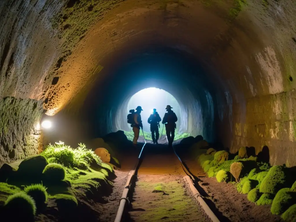 Un equipo de arqueólogos explorando cuidadosamente un antiguo túnel con sistemas de ventilación avanzados, descubriendo secretos olvidados