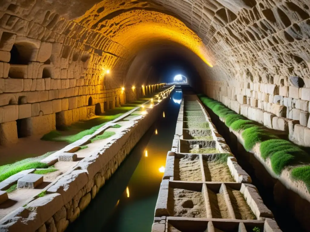 Equipo de arqueólogos examina antiguos sistemas de irrigación subterráneos en Oriente Medio, con canales de piedra y túneles iluminados tenuemente