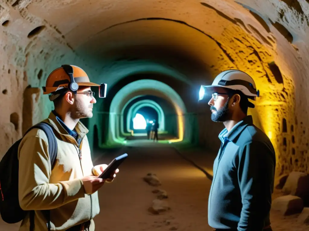 Un equipo de arqueólogos utiliza aplicaciones de RA para exploración subterránea, revelando inscripciones antiguas en un túnel misterioso