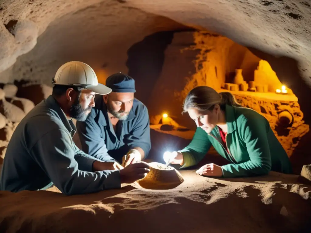 Equipo de arqueólogos descubriendo artefactos antiguos en excavación subterránea, con iluminación cálida y sombras dramáticas